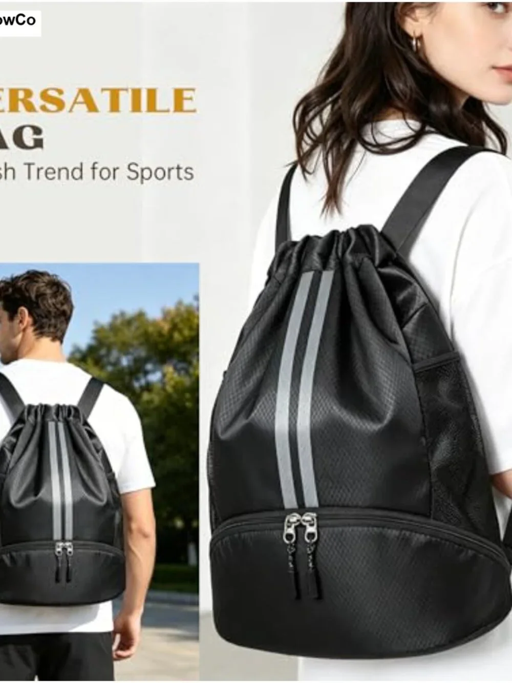 Drawstring Backpack Gym Bag with Shoe Compartment Polyester Sports Travel
